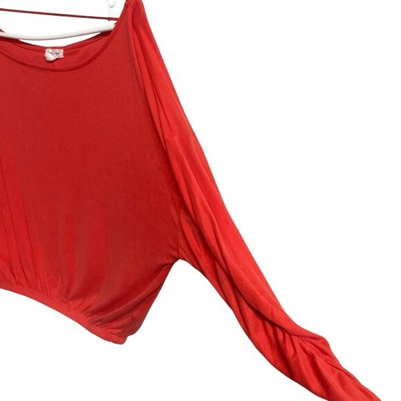 623. Silence + Noise Medium UO Orange off shoulder Ruched Long Sleeve Ribbed sem - Picture 3 of 5